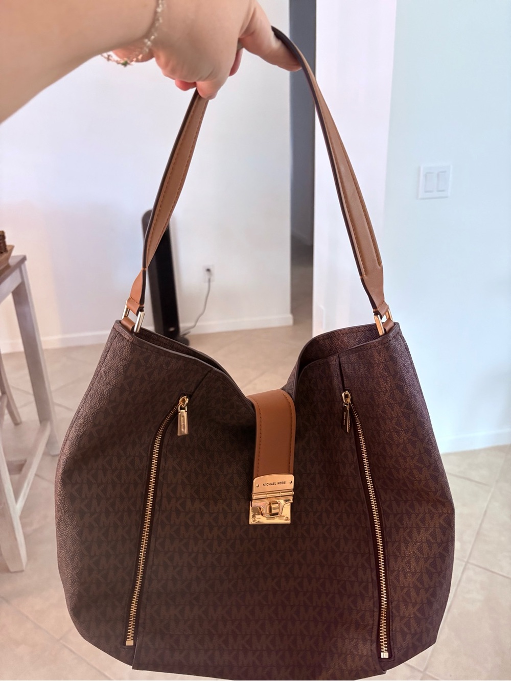 Michael Kors Brown & Tan Logo Hobo with Gold Hardware